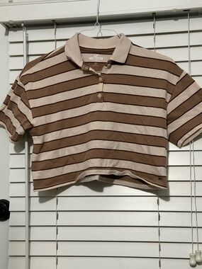 Hollister Cropped Striped Polo Top - Brown & Cream